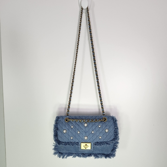 KARL LAGERFELD Agyness Quilted Pearl Chain Fringe Edge Denim Shoulder Bag - Picture 12 of 13